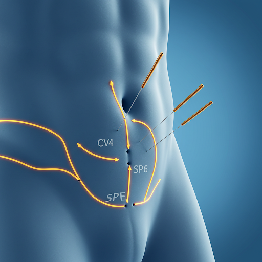 Acupuncture for erectile dysfunction targeting key points like CV4 and SP6 to improve energy flow