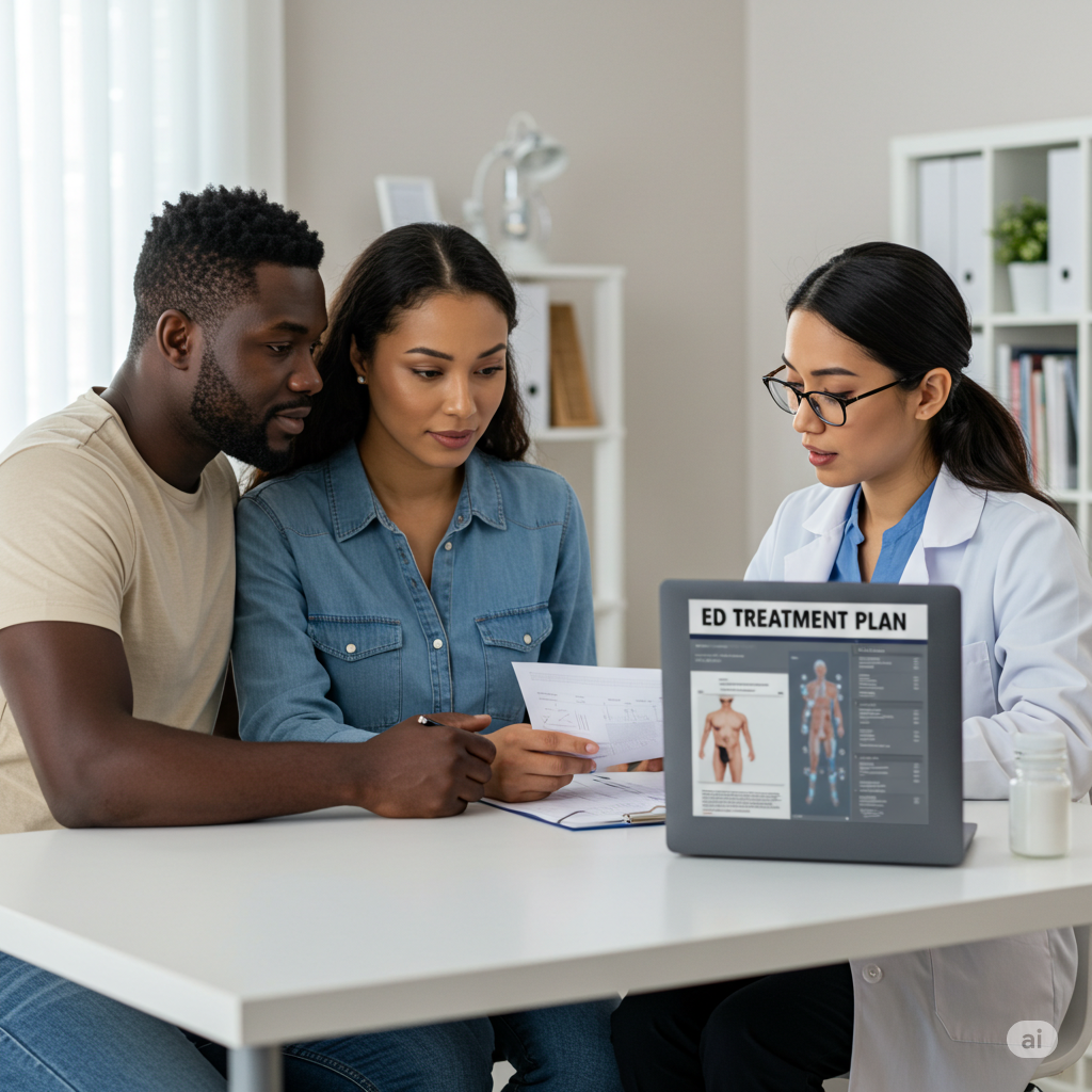 A couple seeking help from a doctor about ED treatment plan.