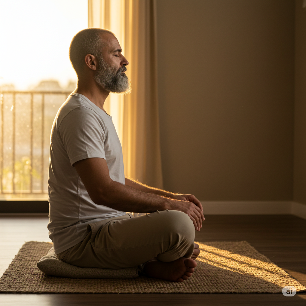 a middle-aged man practicing mindfulness