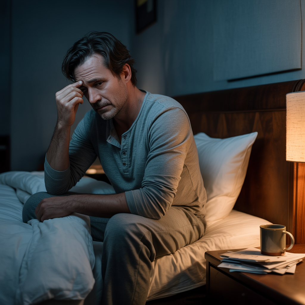 Tired man considering link between poor sleep and erectile health struggles